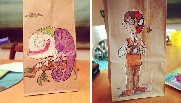 Dad Drew Cool Cartoon Characters On His Son’s Lunch Bags Every Day For The Last 2 Years