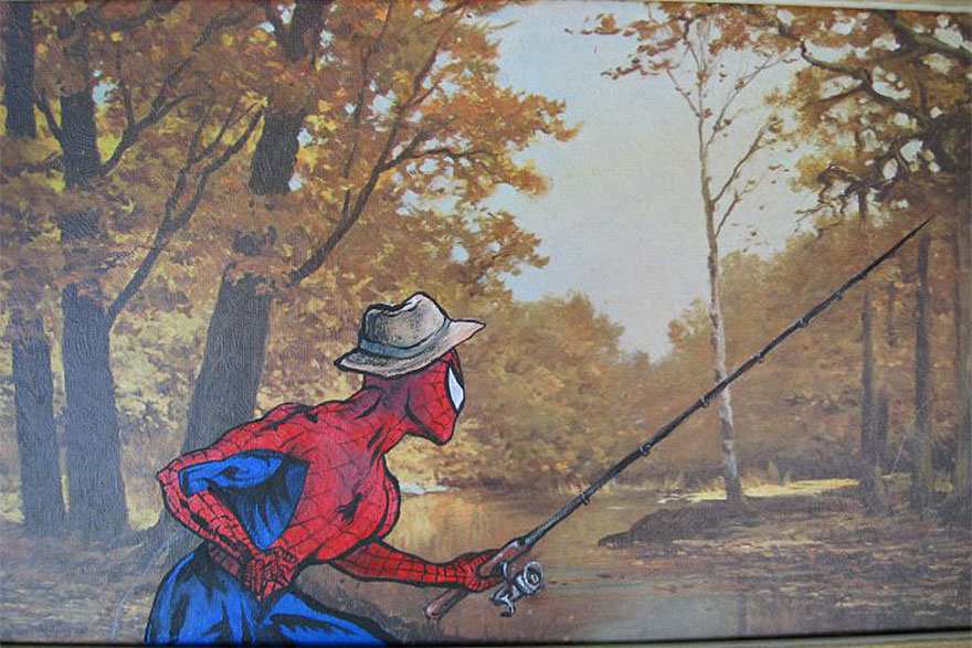 Artist Paints Pop-Culture Characters Into Old Thrift-Store Paintings