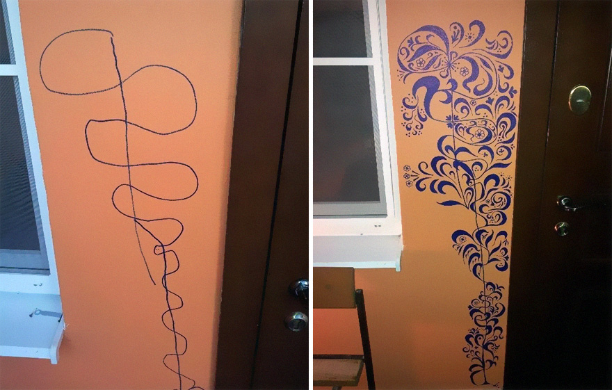 Creative Kid Draws On Wall, More Creative Mom Fixes It