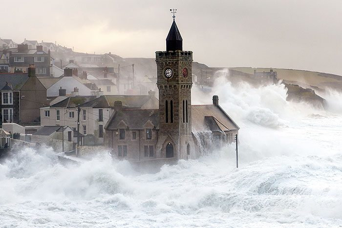 Church At Porthleven During Storm Surge, United Kingdom