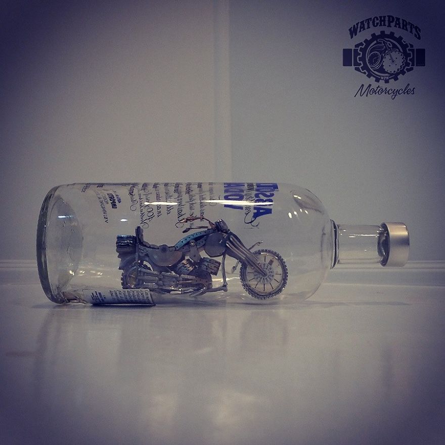 Absolut Steampunk: I Built A Motorcycle Out Of Watch Parts Inside A Bottle