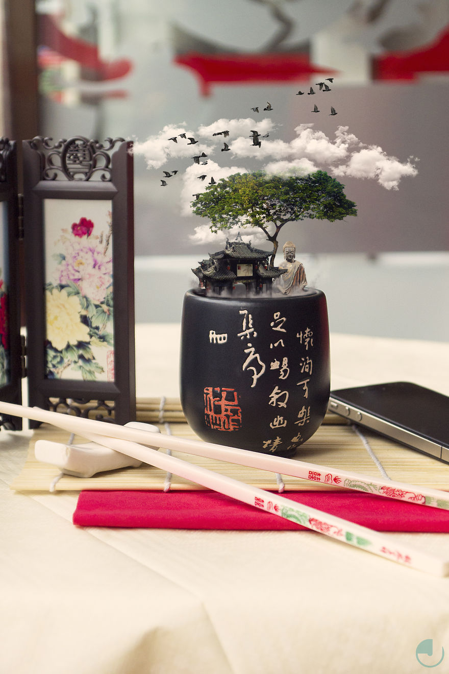 Creative Photo Manipulations Of Miniature Cities In Cups