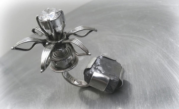 Kinetic Sterling Silver Flower Ring With Galenite And Zirconia