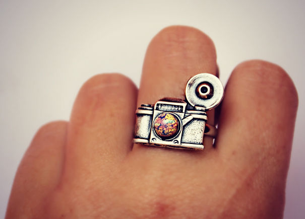 Silver Camera Ring With Pink Fire Opal