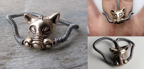 Cat In A Gasmask Two Finger Ring. By Anna Siivonen