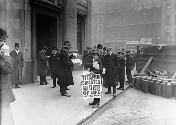 Newspaper Boy Ned Parfett Sells Copies Of The Evening Paper Bearing News Of Titanic’s Sinking The Night Before, April 16, 1912