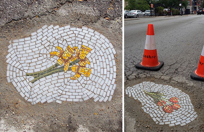 Guerrilla Artist Fills Chicago Potholes With Flower Mosaics