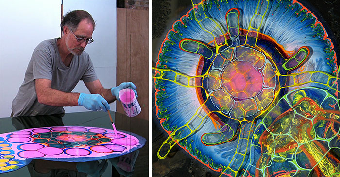 Artist Creates Psychedelic Art By Pouring Paint And Resin Onto A Canvas