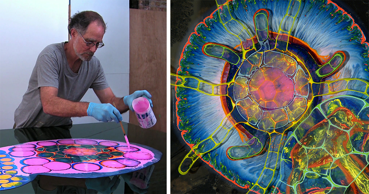 Artist Creates Psychedelic Art By Pouring Paint And Resin Onto A