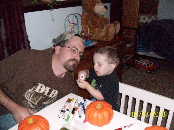 This Lil Guy Wouldn't Take A Nap Unless He Showed Daddy How To Glue The Eyes On Their Pumpkin.