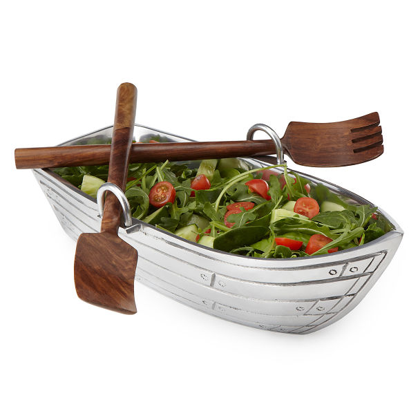 Row Boat Salad Bowl With Wood Serving Utensils