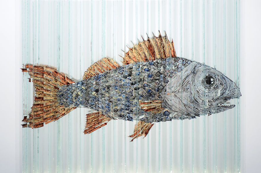 Glass Sculpture Made Of 160 Hand Painted Glass Strips Reveals Four Hidden Animals When Rotated