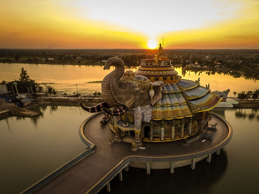 Aerial View Of Thailand’s Famous Elephant Temple Wat Ban Rai