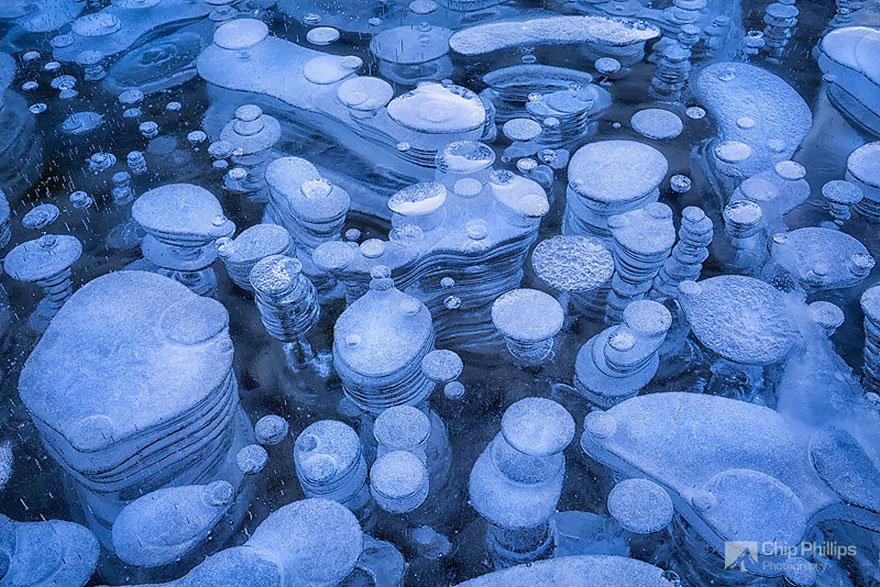 Bubbles In The Ice Of Abraham Lake In Canada