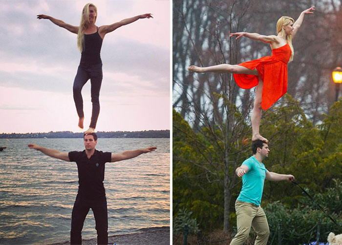 This Girl Stands On Her Fiancées Head On Their Trips Around The World