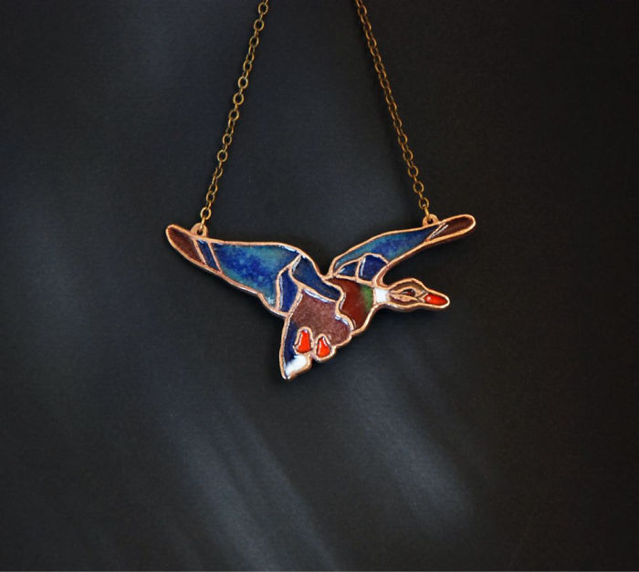 Flying Duck Enameled Necklace