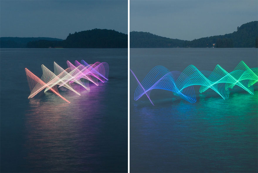The Motions Of Canoers and Kayakers Revealed With LEDs In Long Exposure Photography