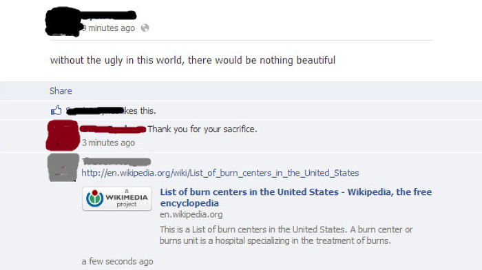 Online exchange showcasing witty comebacks, including a humorous reference to burn centers.