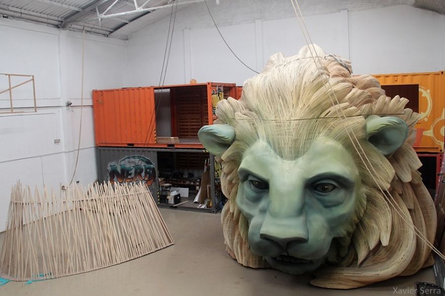 A 19 Feet Tall Lion Head Made Of Wood And Foam