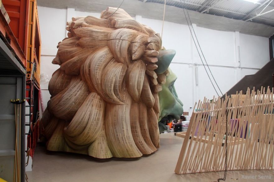 A 19 Feet Tall Lion Head Made Of Wood And Foam