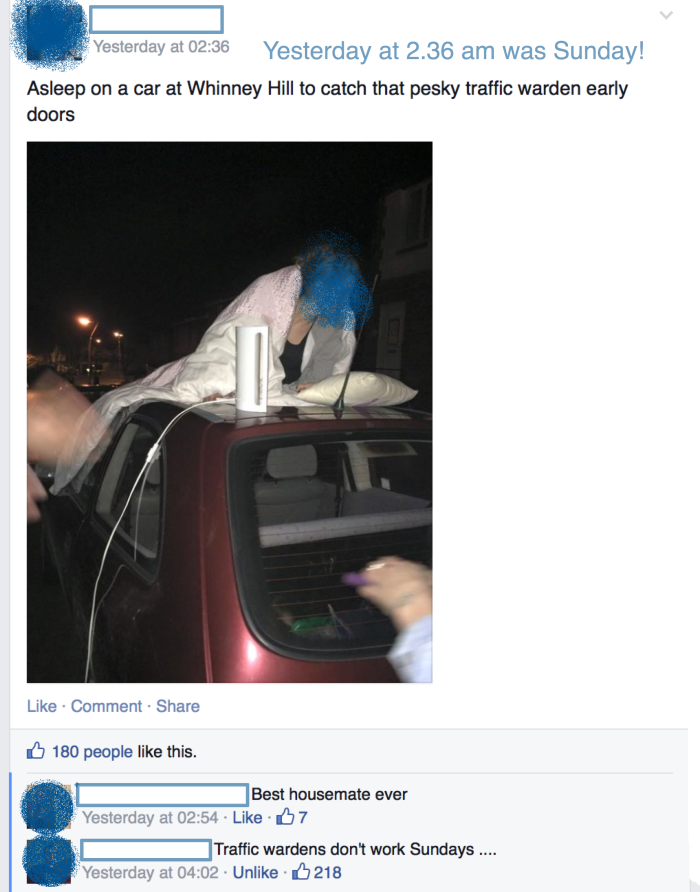 Person asleep on a car roof with pillow; comments joke about traffic wardens not working Sundays.