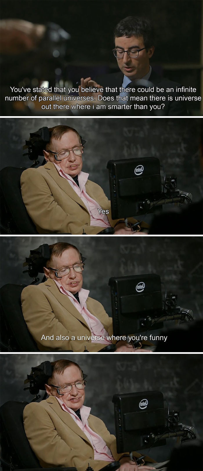 A person in conversation with another, humorously discussing parallel universes, showcasing one of the best comebacks in history.