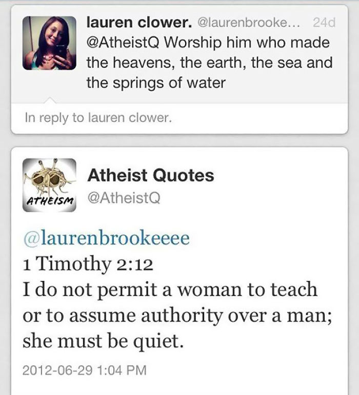 Two tweets exchanging witty comments about religion, featuring a biblical quote as a comeback.