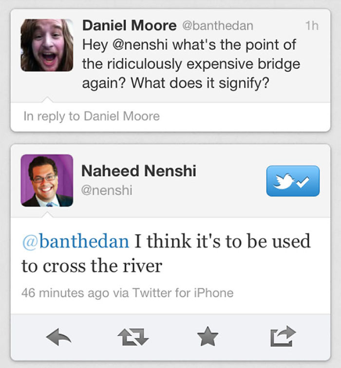 Twitter exchange featuring a witty comeback about the purpose of an expensive bridge.
