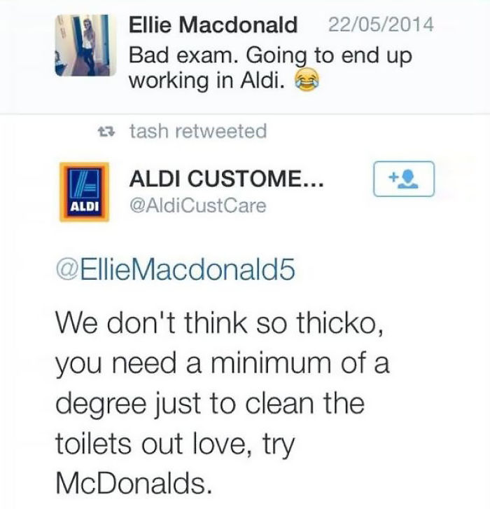Tweet exchange with a humorous comeback about working in Aldi and McDonald's.