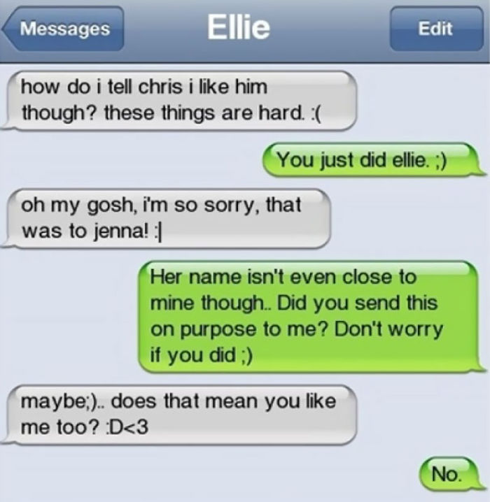 Text message exchange with humorous burn about mistaken confession.