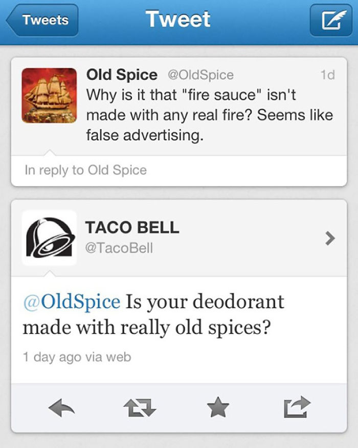 Old Spice and Taco Bell exchange witty burns on Twitter about fire sauce and old spices.