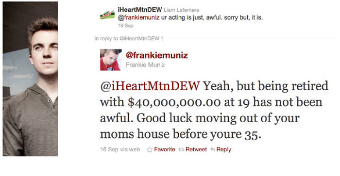 A Twitter exchange where Frankie responds with a witty comeback about being retired young.
