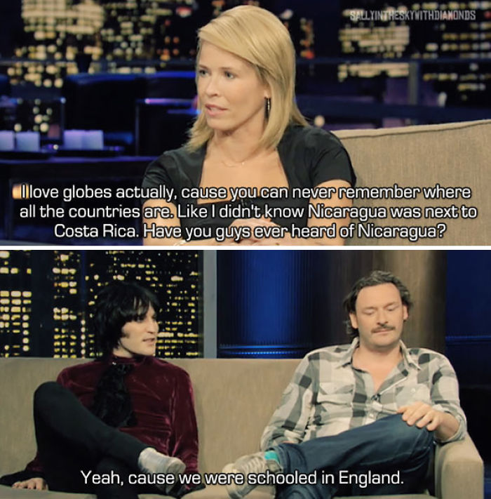 Talk show guests exchange humorous geographic comebacks, referencing Nicaragua and England.