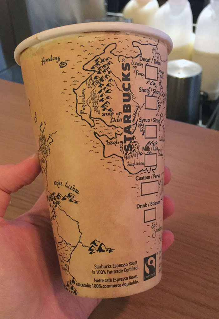 Guy Spends 5 Hours Drawing Detailed Map of Middle-Earth From Lord of the Rings On A Starbucks Coffee Cup