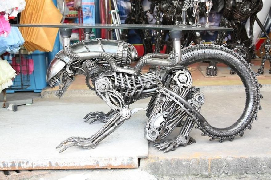Alien Table, Life Size, By Scrap Metal Art Thailand
