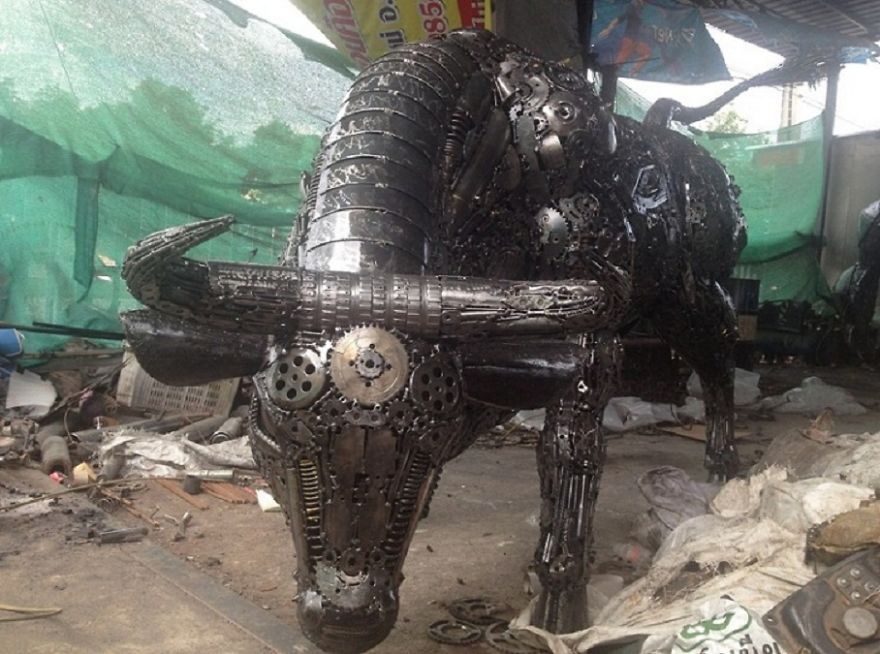 Bull Sculpture, Life Size, By Scrap Metal Art Thailand