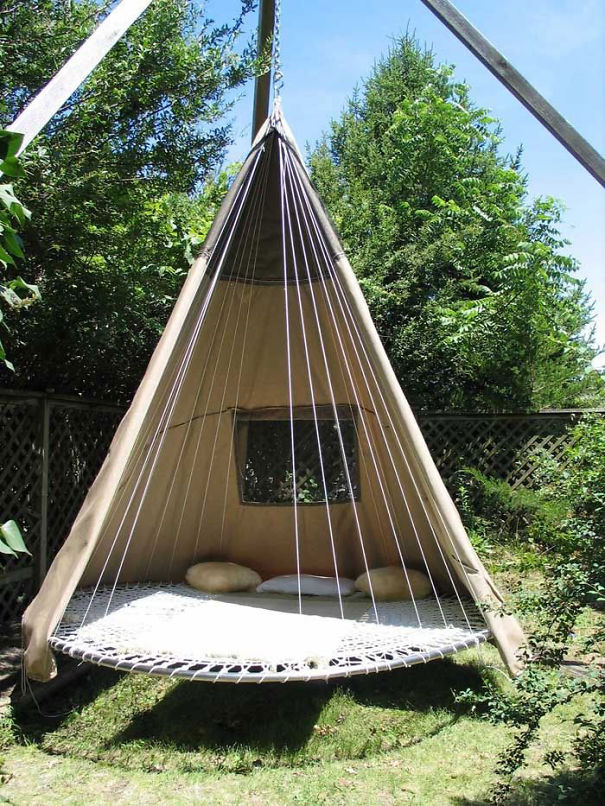 Old Trampoline Turned Into A Wigwam Swing