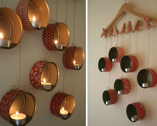 Old Cans And A Hanger Turned Into Candle Holders