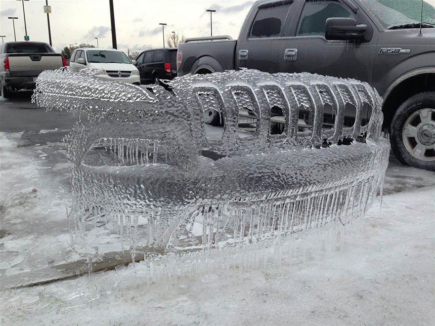Frozen Cars Leave Icy Bumper Shells Behind After Ice Storm