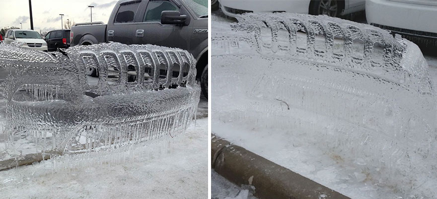Esta es la cáscara helada del morro de los coches que queda tras una tormenta de hielo