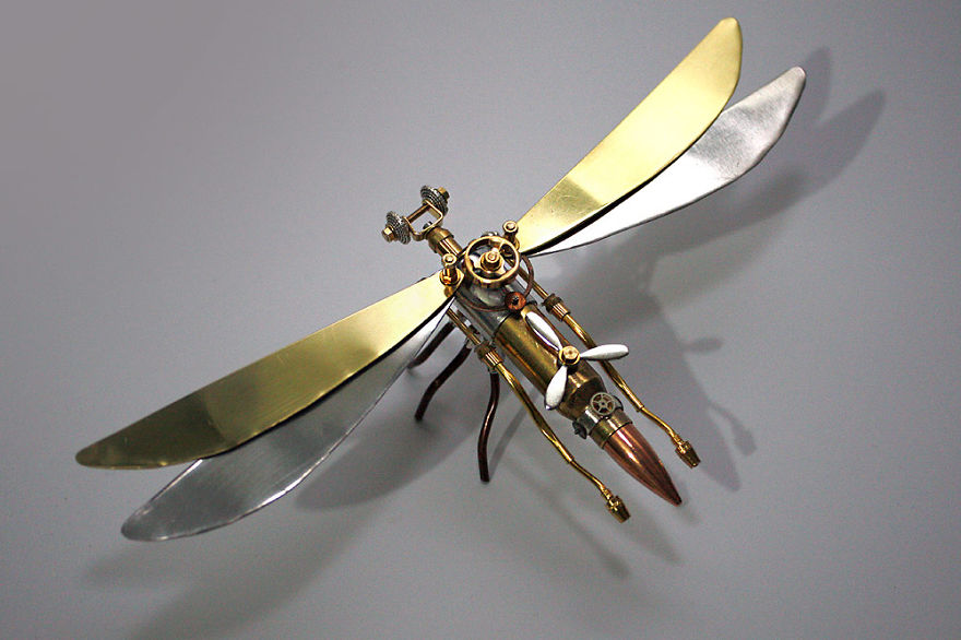 Dragonfly Sculpture Made From Recycled Materials And Deactivated Ammunition
