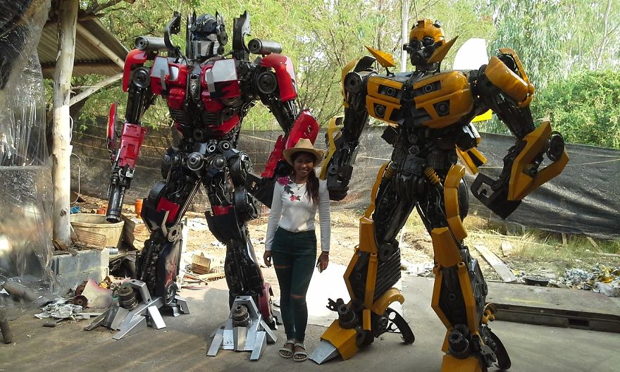 Optimus Prime And Bumblebee Statues, Life Size, By Scrap Metal Art Thailand