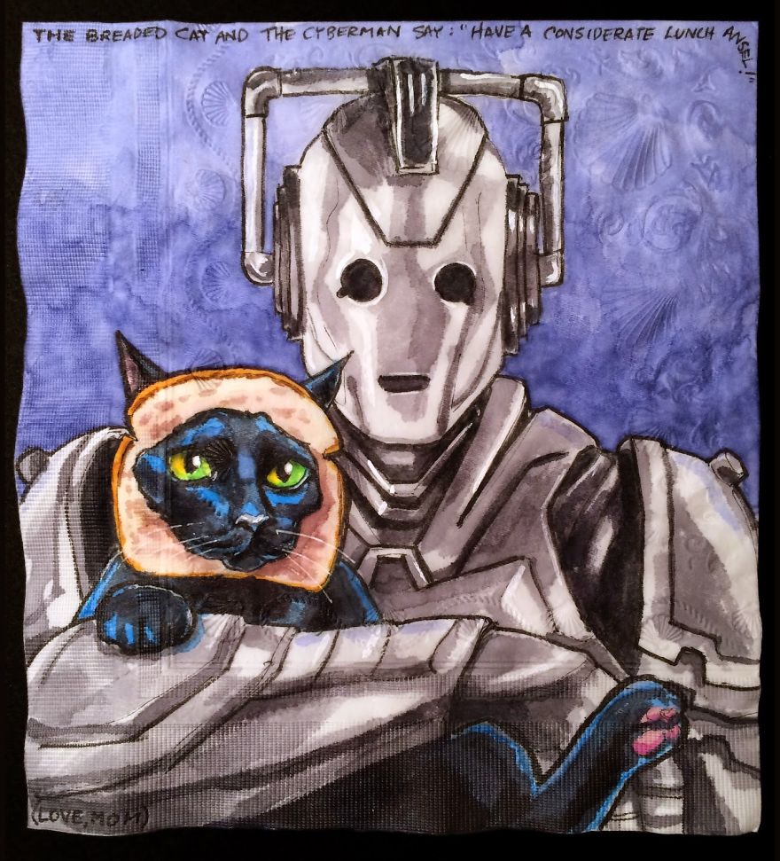 I Draw Famous Robots With Celebrity Cats On My Sons' Lunchbox Napkins