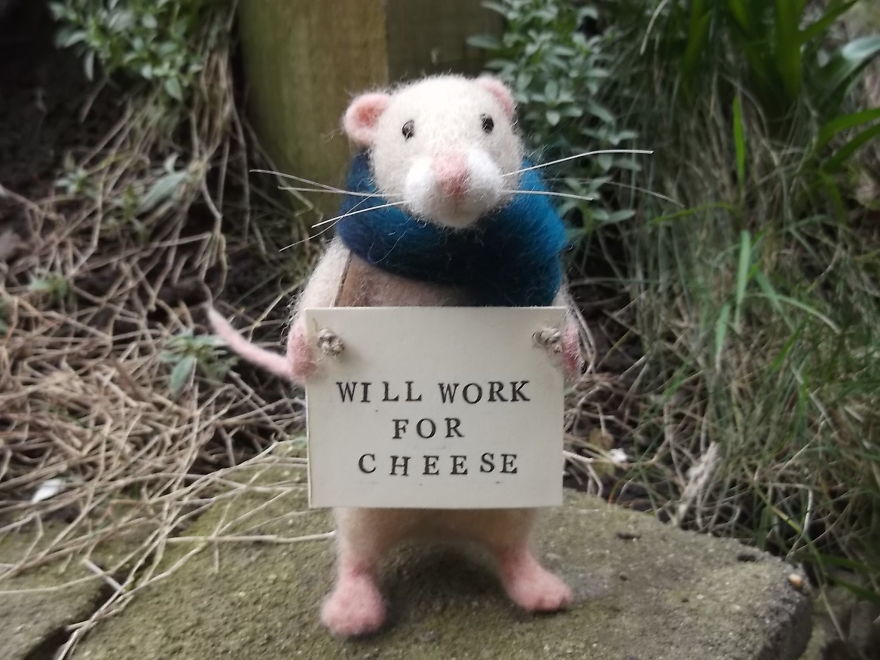 Needle Felted Homeless Mouse - Will Work For Cheese