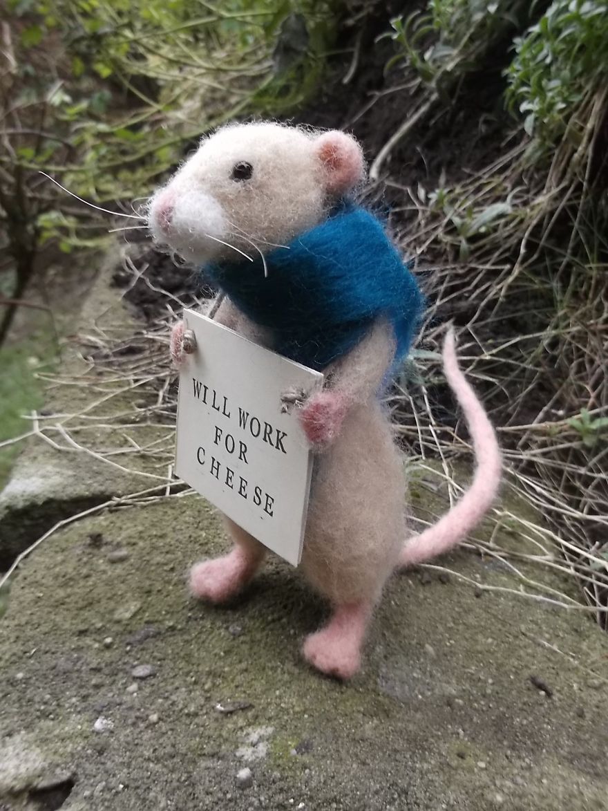 Needle Felted Homeless Mouse - Will Work For Cheese