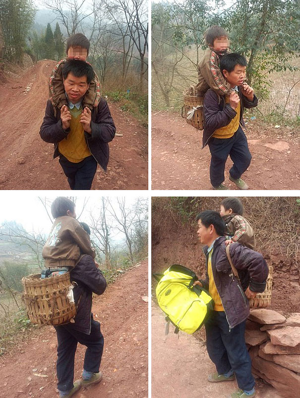 Este padre carga con su hijo discapacitado 18 millas hasta el colegio diariamente