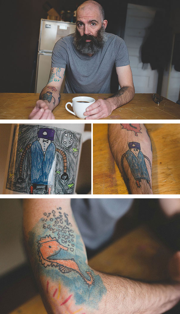 This Dad Has Been Tattooing His Son’s Drawings On His Own Arm Since He Was 5