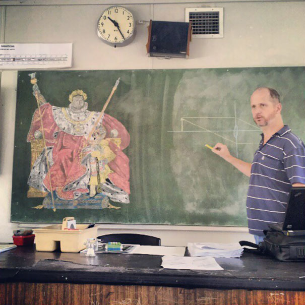 This Science Teacher Teaches In The Crappy Room With A Blackboard So He Can Do His Chalk Drawings