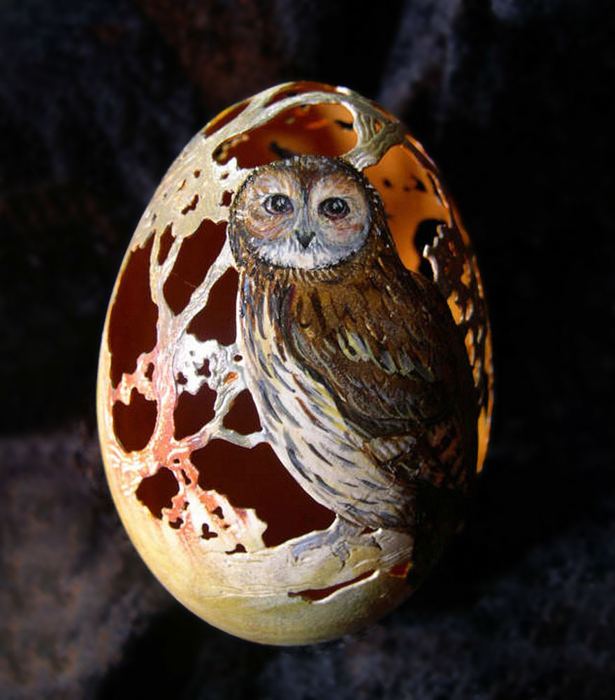 Owl Carved In Eggshell