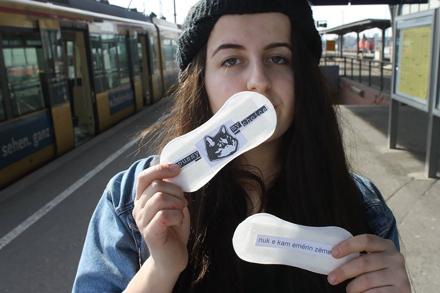 A Woman Is Posting Feminist Messages Written On Period Pads All Over Her City